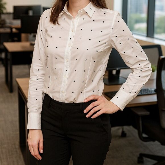 Ann Taylor petite white long sleeve black Polka dot button down shirt size 2P - Picture 1 of 9